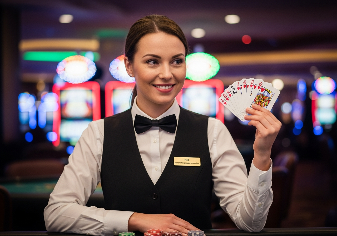 NO: Profesjonell croupier som smiler. PROMPT: Professional casino dealer woman, elegant black vest uniform, smiling warmly, holding playing cards, background of blurred casino lights, high quality portrait, 8k