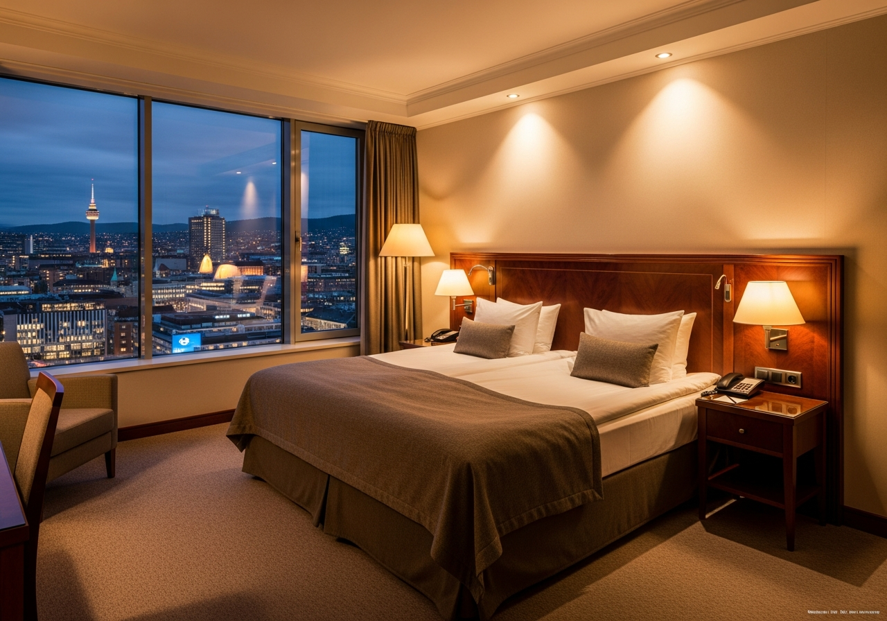 NO: Deluxe hotellrom med utsikt. PROMPT: Luxury hotel room interior, king size bed, dark wood furniture, warm lighting, view of Oslo city skyline at night through window, 8k realistic