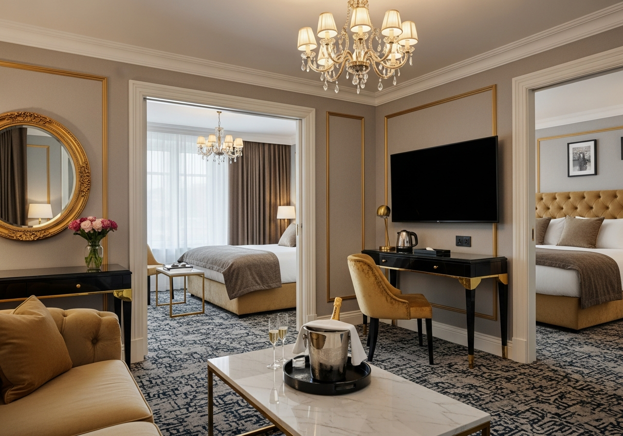 NO: Luksussuite med stue. PROMPT: Hotel suite interior, separate living area, modern nordic design, gold and velvet accents, champagne bucket on table, luxury travel