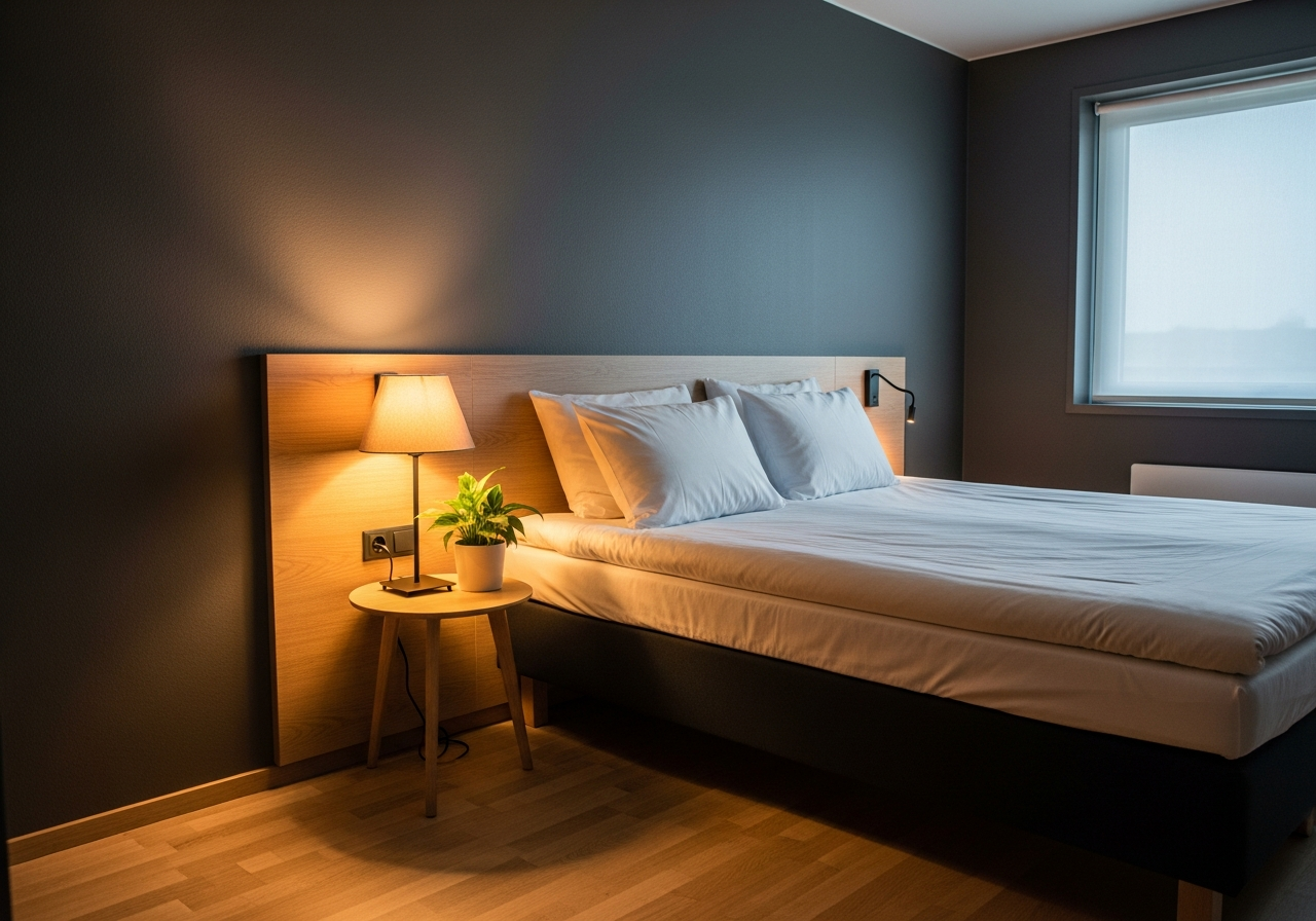 NO: Stilrent standard hotellrom. PROMPT: Modern clean hotel room, queen bed, scandinavian minimalist design, dark walls, warm lamp light, high quality photo