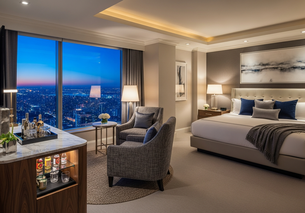 NO: Deluxe rom med sittegruppe. PROMPT: Spacious deluxe hotel room, sitting area with armchair, view of city lights, minibar, luxury bedding, cinematic lighting